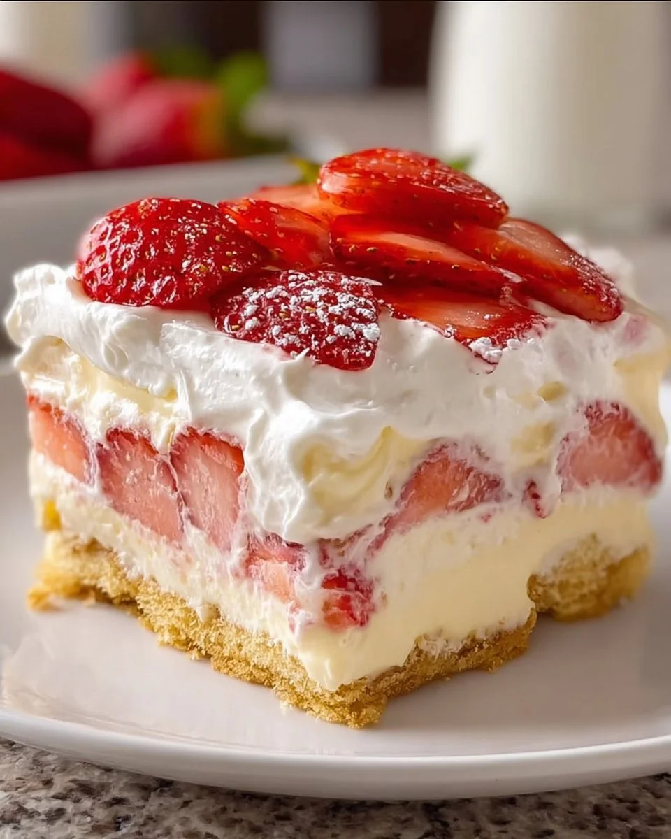 Strawberry Eclair Cake with layers of cream and fresh strawberries