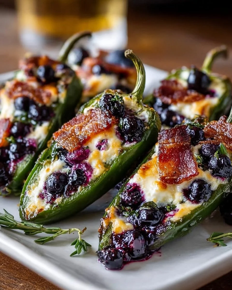Delicious blueberry brie poppers topped with jalapeños