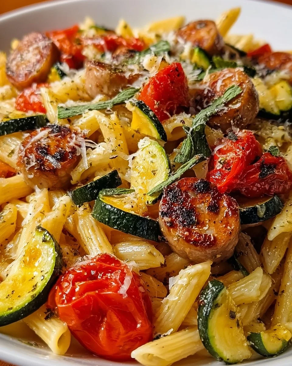 Chicken Sausages with Zucchini, Tomatoes, and Pasta