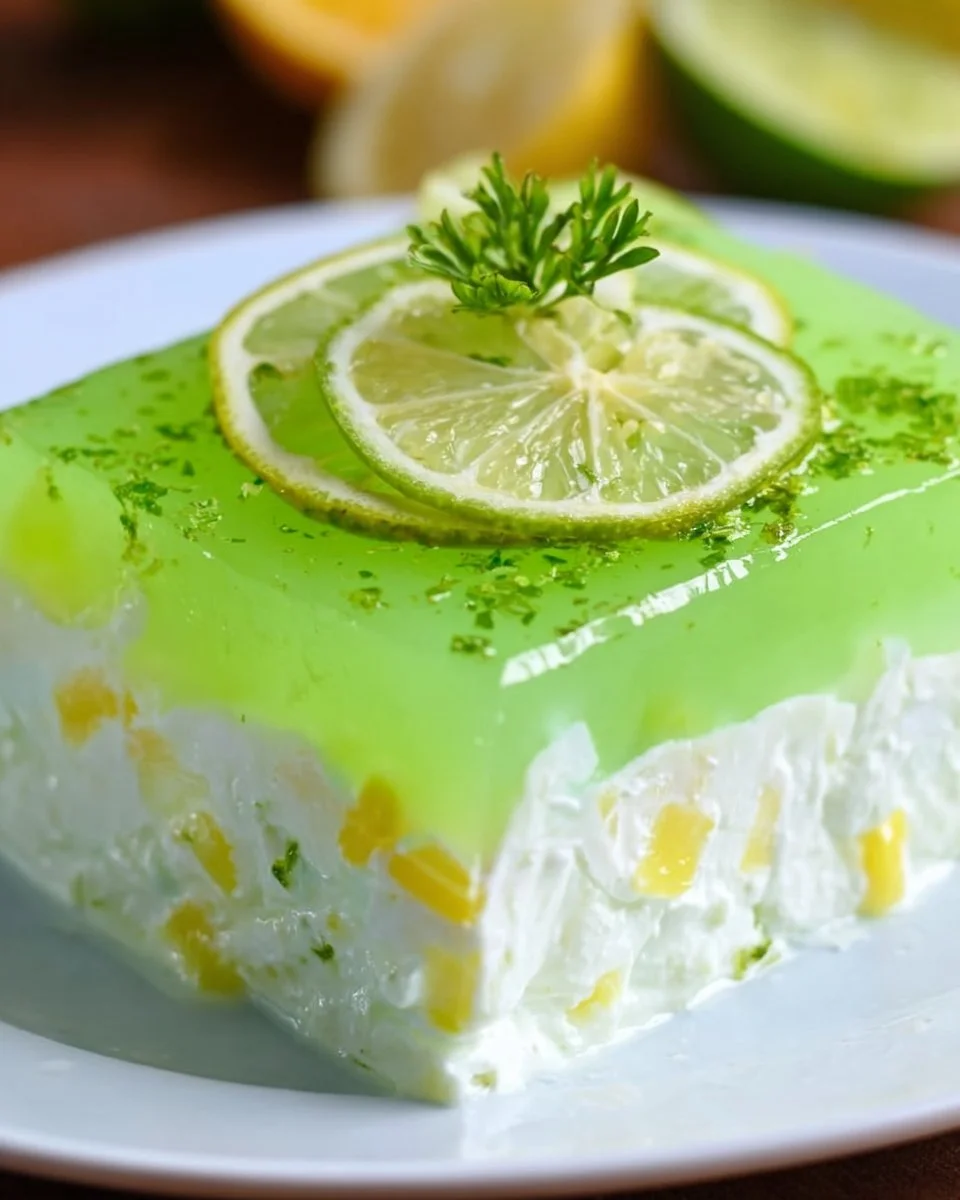 Delicious Lemon Lime Jello Salad served in a glass bowl.