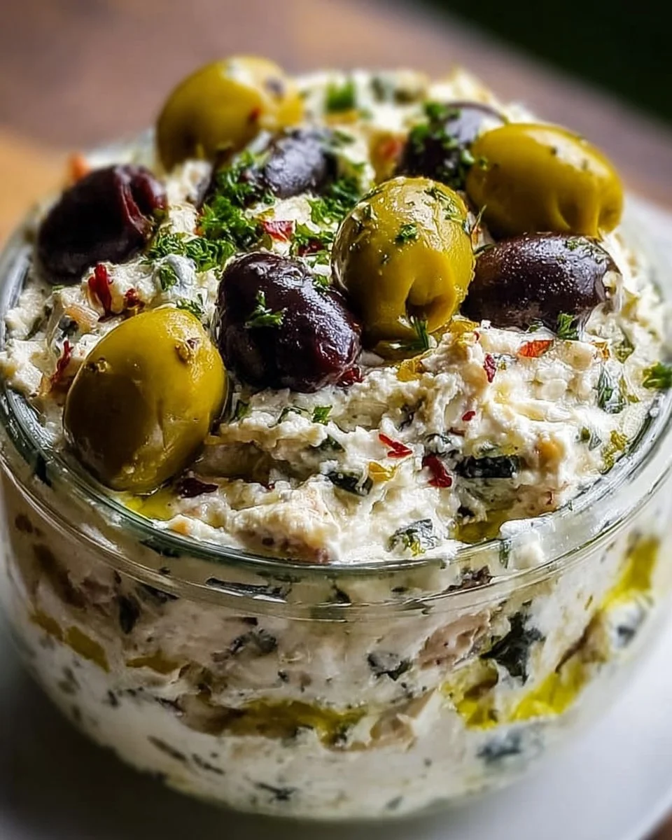 Delicious Olive Lovers’ Dream Dip served in a bowl with fresh herbs.