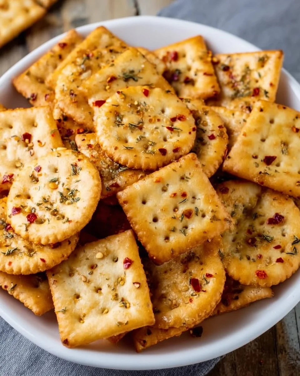 Bowl of spicy Saltine Crackers seasoned with herbs and spices for a tasty snack.