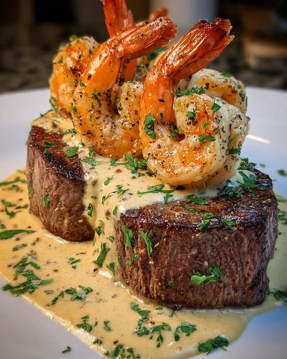 Steak and Shrimp with Creamy Garlic Sauce