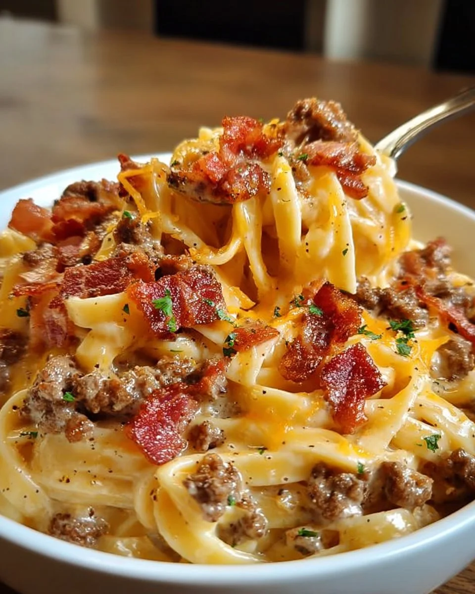 Bacon Cheeseburger Alfredo Pasta Easy and Quick